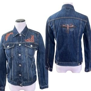 Gap Denim Womens Small Blue Embroidered Eagle Western Trucker‎ Jacket Indigo